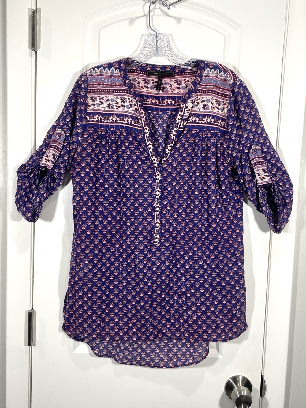 BCBGMAXAZRIA Blue Boho Print Metallic Cotton Peasant Blouse cottagecore